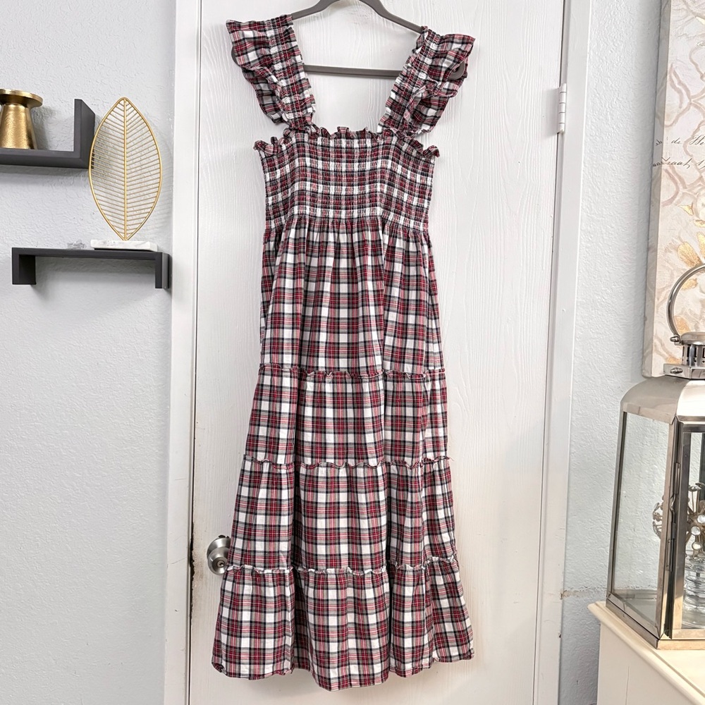 Hill House Ellie Nap Dress Multi Tartan Plaid Smocked Midi Ruffle Size Medium - Picture 2 of 12
